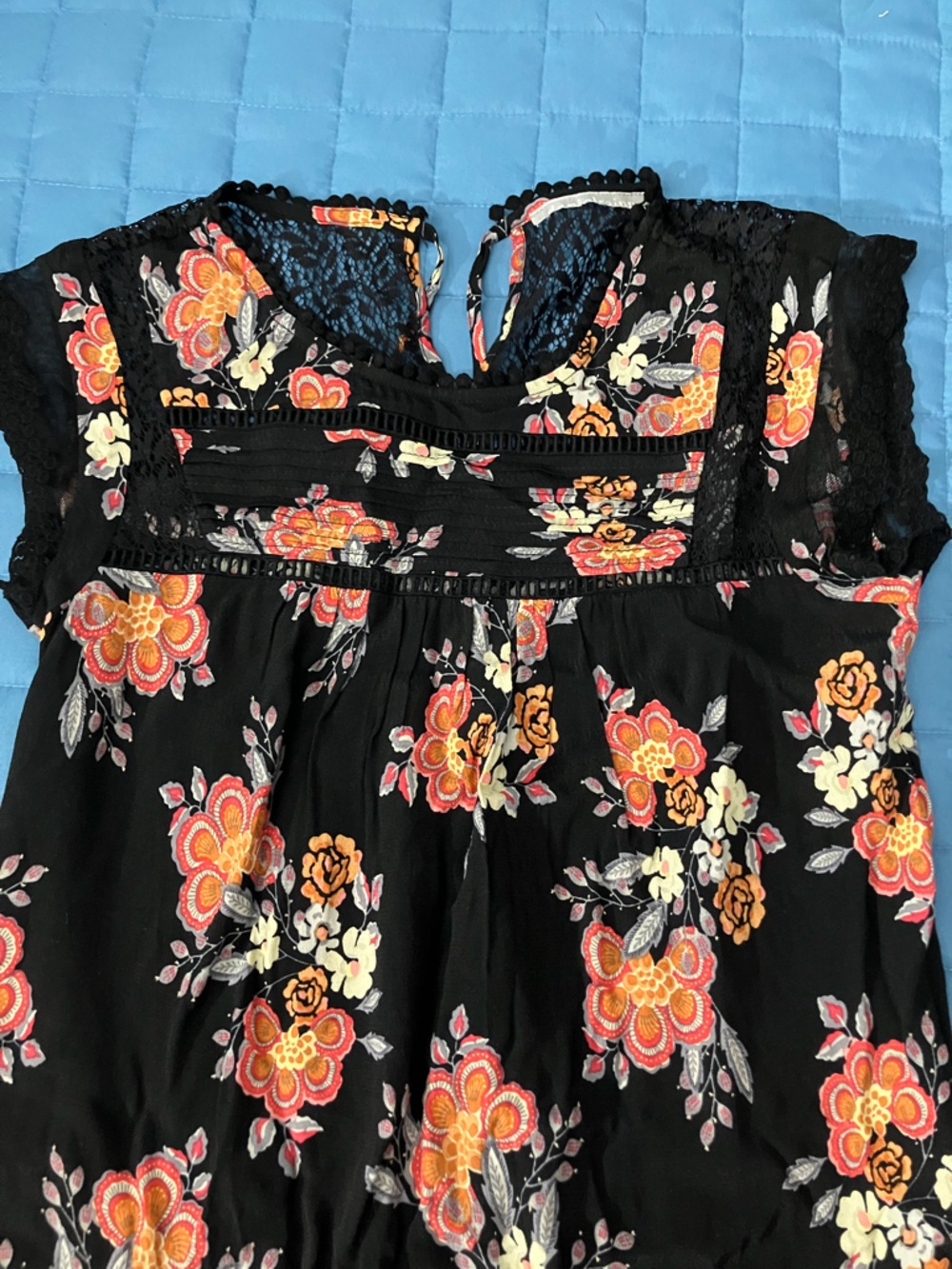 Floral Lace-Trim Peasant Blouse - Black with Orange Floral
